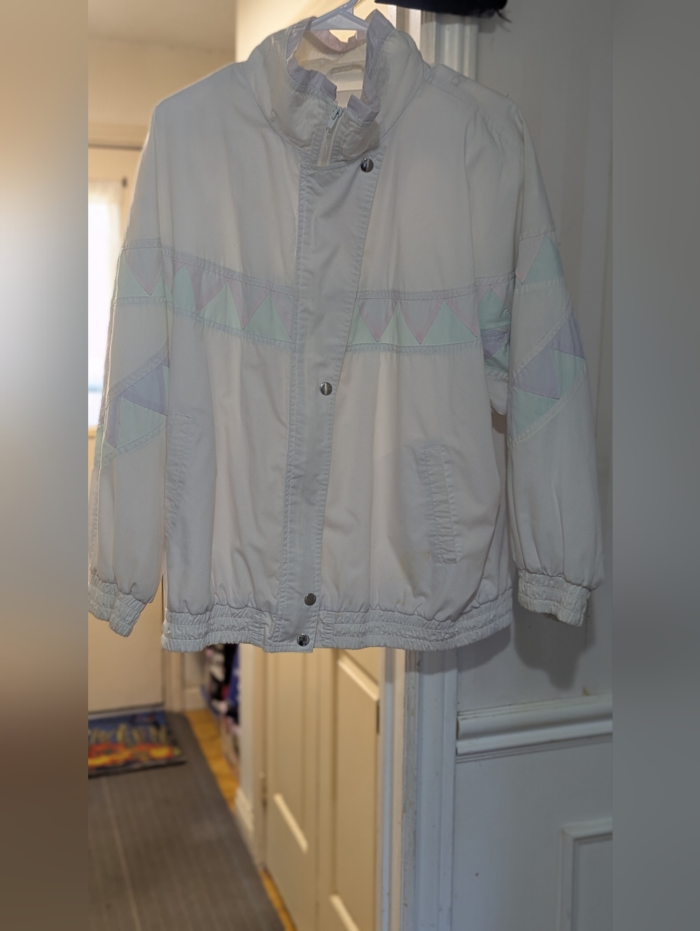 Vintage White Women's Bomber Jacket with Pastel Geo Accents